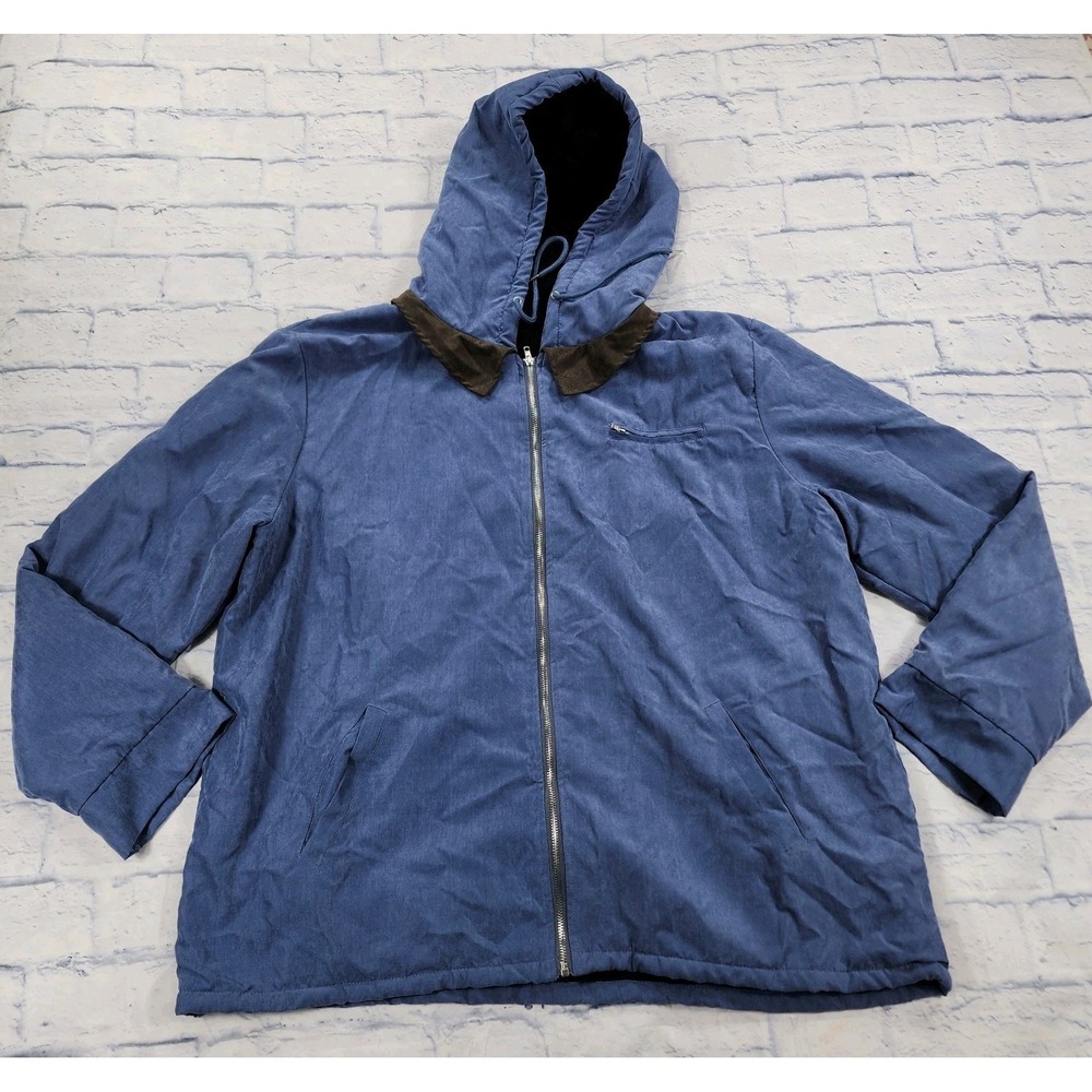OUKU Jacket MENS 3XL Sherpa Fleece Lined Full Zip Hooded Blue Suede Like
